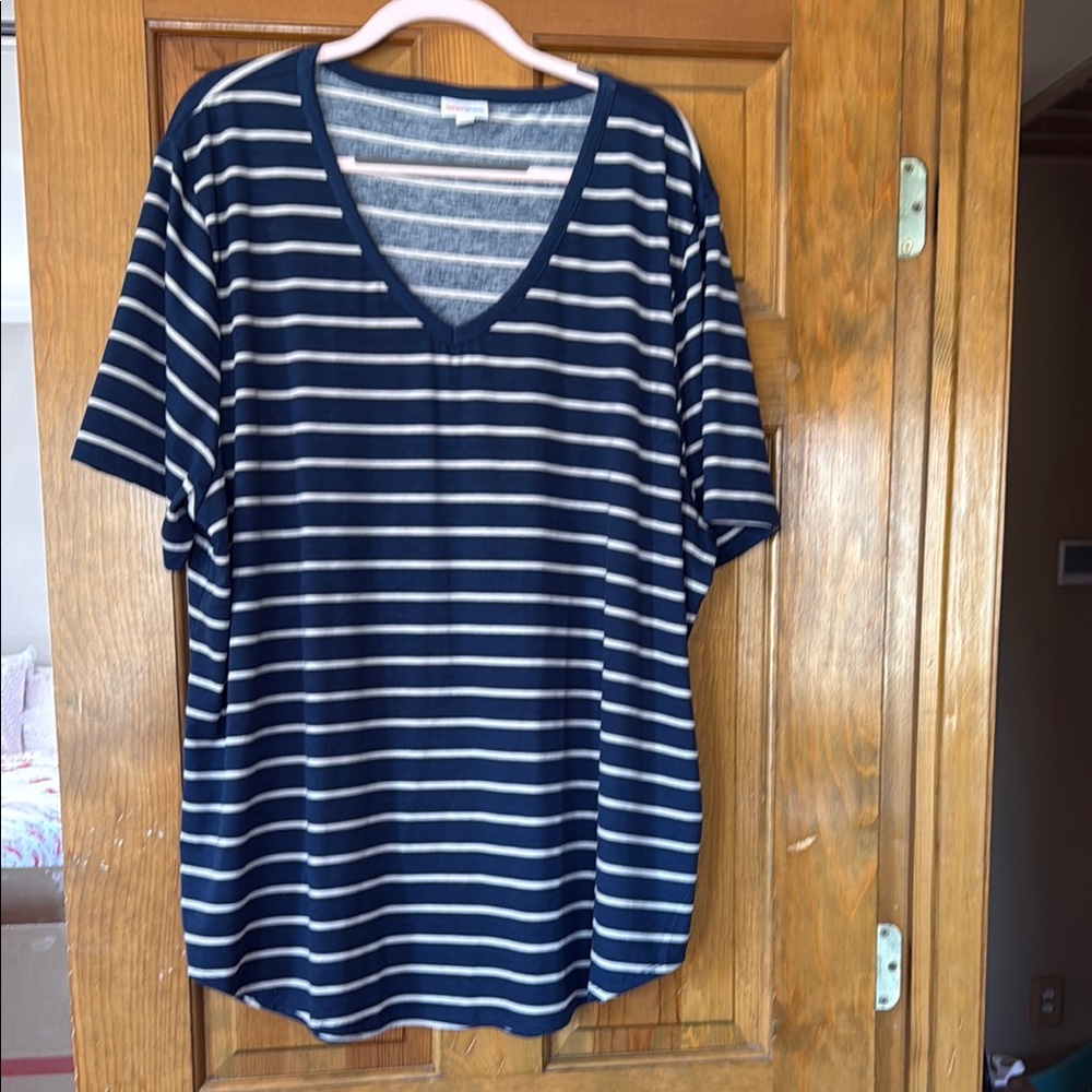 Navy and White Striped V-Neck T-Shirt-LULAROE